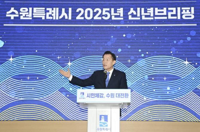 이재준 수원시장이 신년브리핑을 하고 있다.