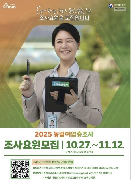 가평군, ‘2025 농림어업총조사’ 조사요원 모집